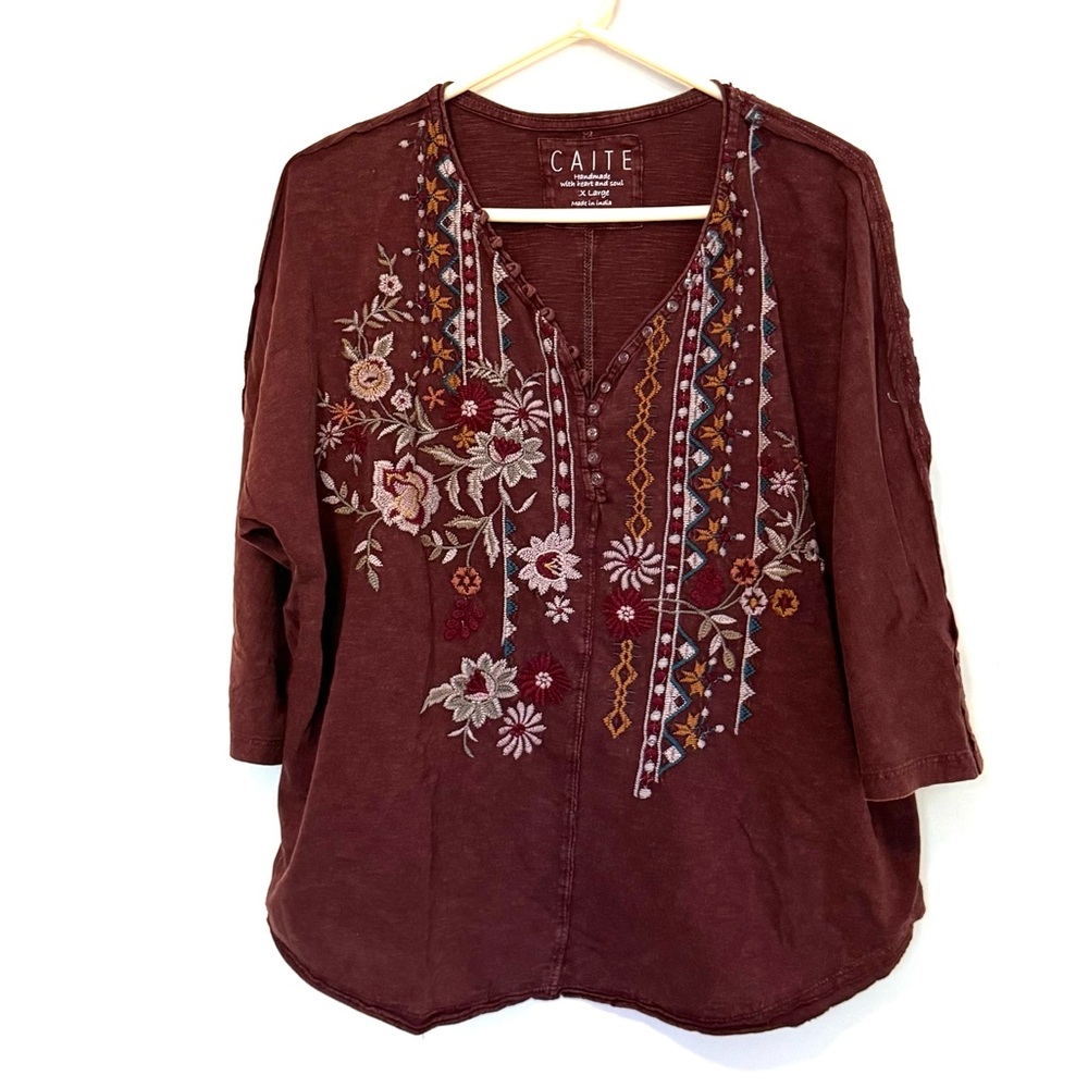 Caite Women's Embroidered Brown Top 3/4 sleeves